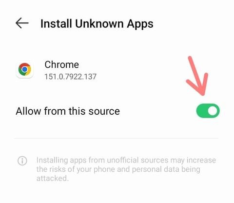 Android settings screen showing Allow from this source toggle turned on for Chrome to install HappyMod APK