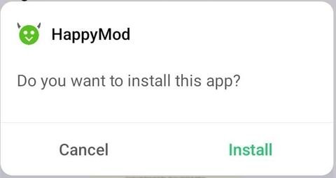 HappyMod app install confirmation popup with Install button on Android