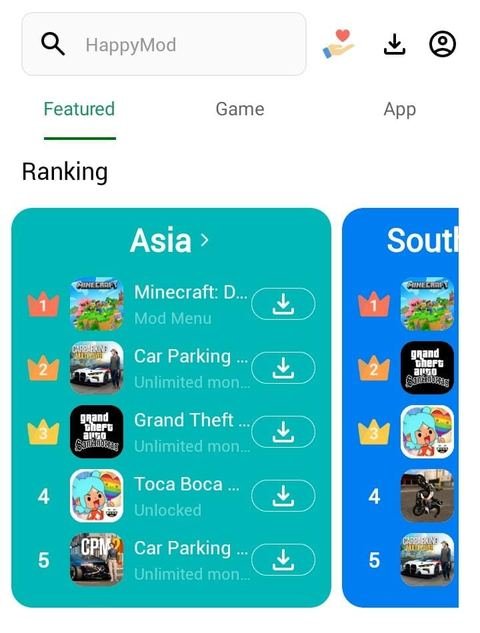 HappyMod app home screen showing search bar and ranking list confirming the app works